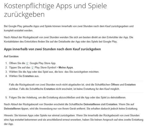 google play richtlinie erstattung