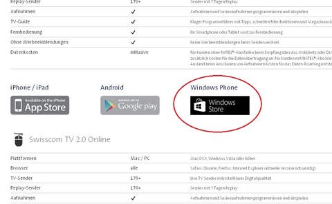 Swisscom TV 2.0 Plus Windows Phone Link