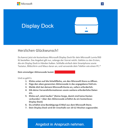 Microsoft Lumia 950 XL: Display Dock kostenlos sichern. So gehts! mail_code_dock