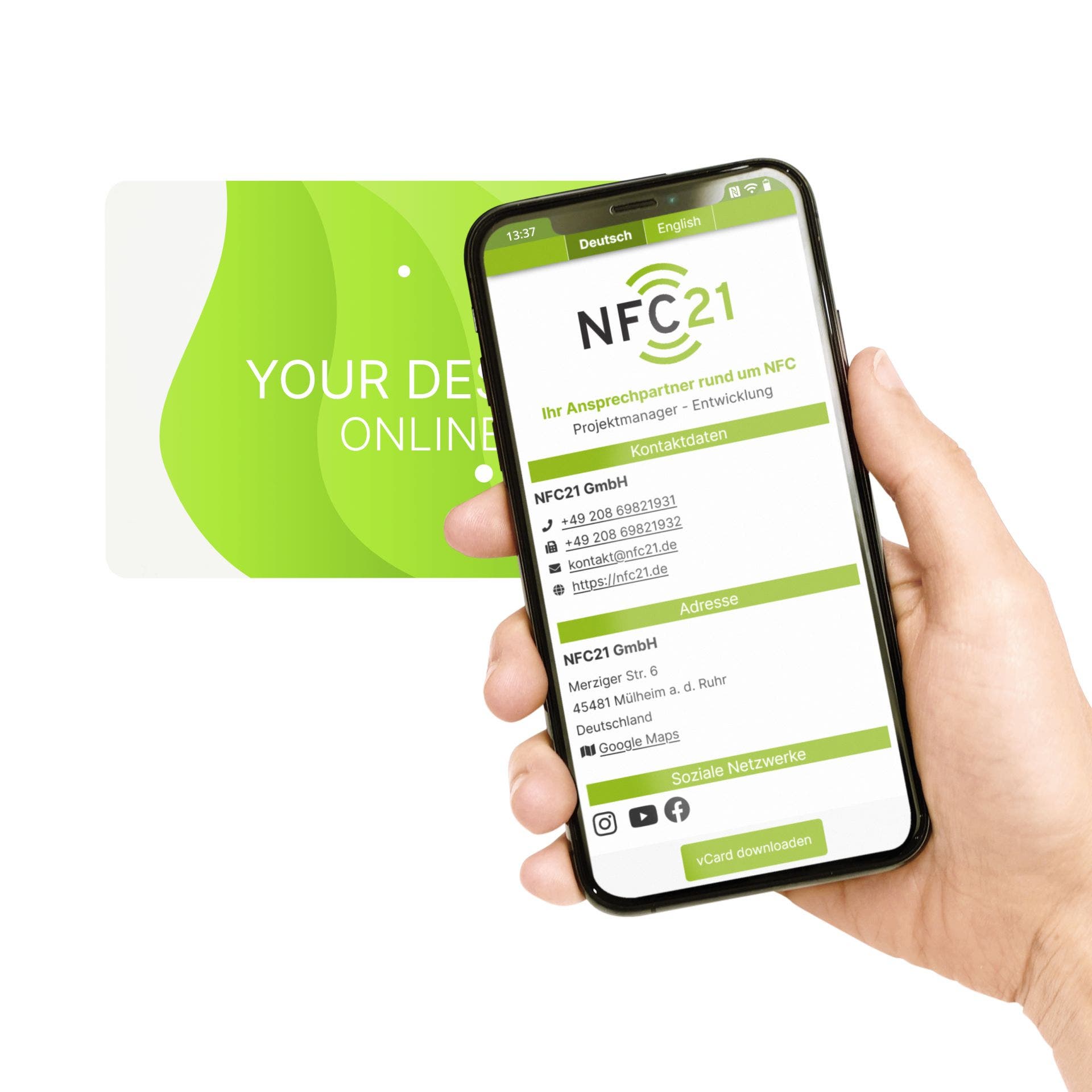 NFC21 Online NFC-Visitenkarte PVC - inkl. URL + Druck - weiß glänzend