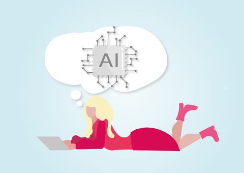Comic. Mensch, lange blonde Haare, liegend, vor Laptop. Gedankenblase. Chip mit Leiterbahnen und Beschriftung AI