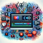DALL·E 2024-05-13 23.01.18 - A symbolic image representing video editing. The image includes a computer monitor displaying a video editing software interface, with multiple video