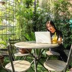 woman sitting on chair while using laptop in garden winter garden outdoor Bild: DoDo PHANTHAMALY auf Pexels