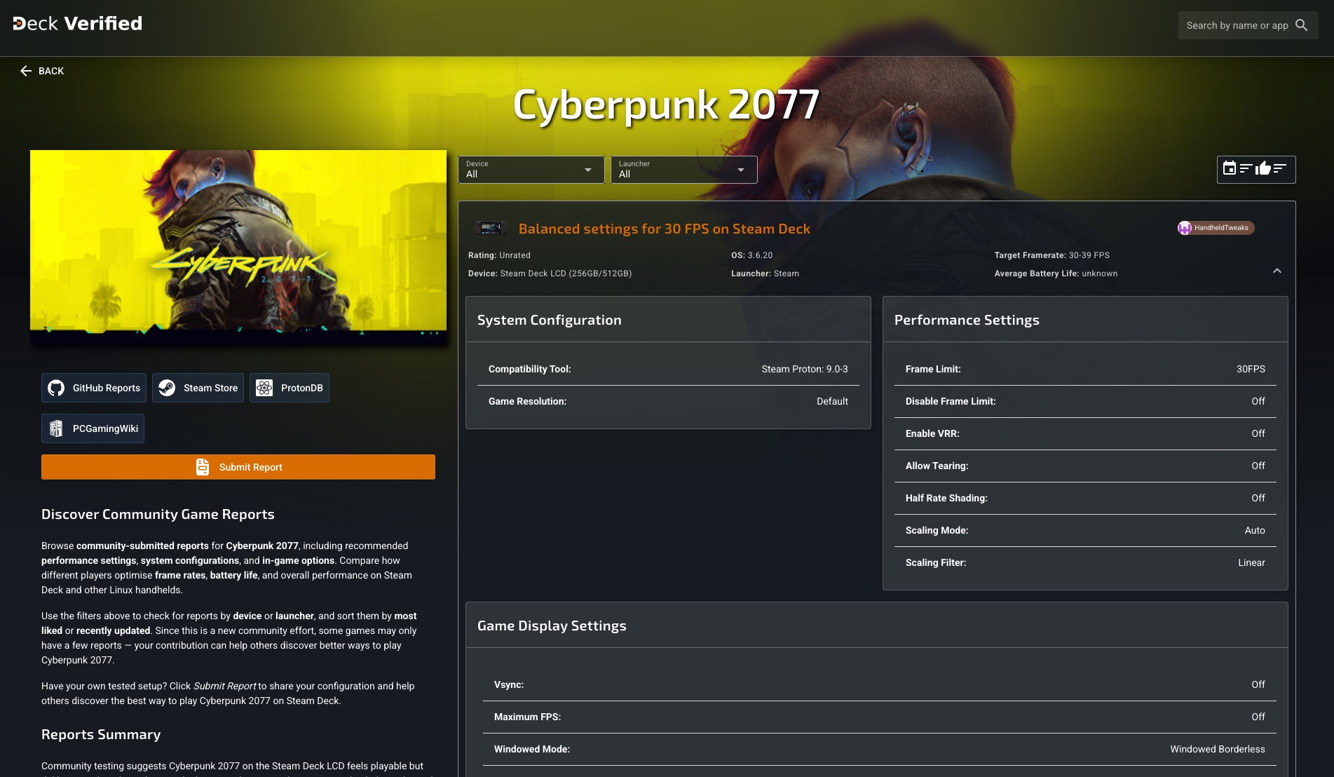 DeckVerified Webseite Cyberpunk Settings