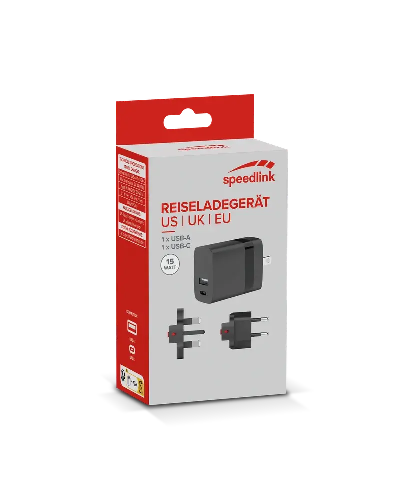 Speedlink Reise-Ladegerät USB-A und USB-C 15W US UK EU