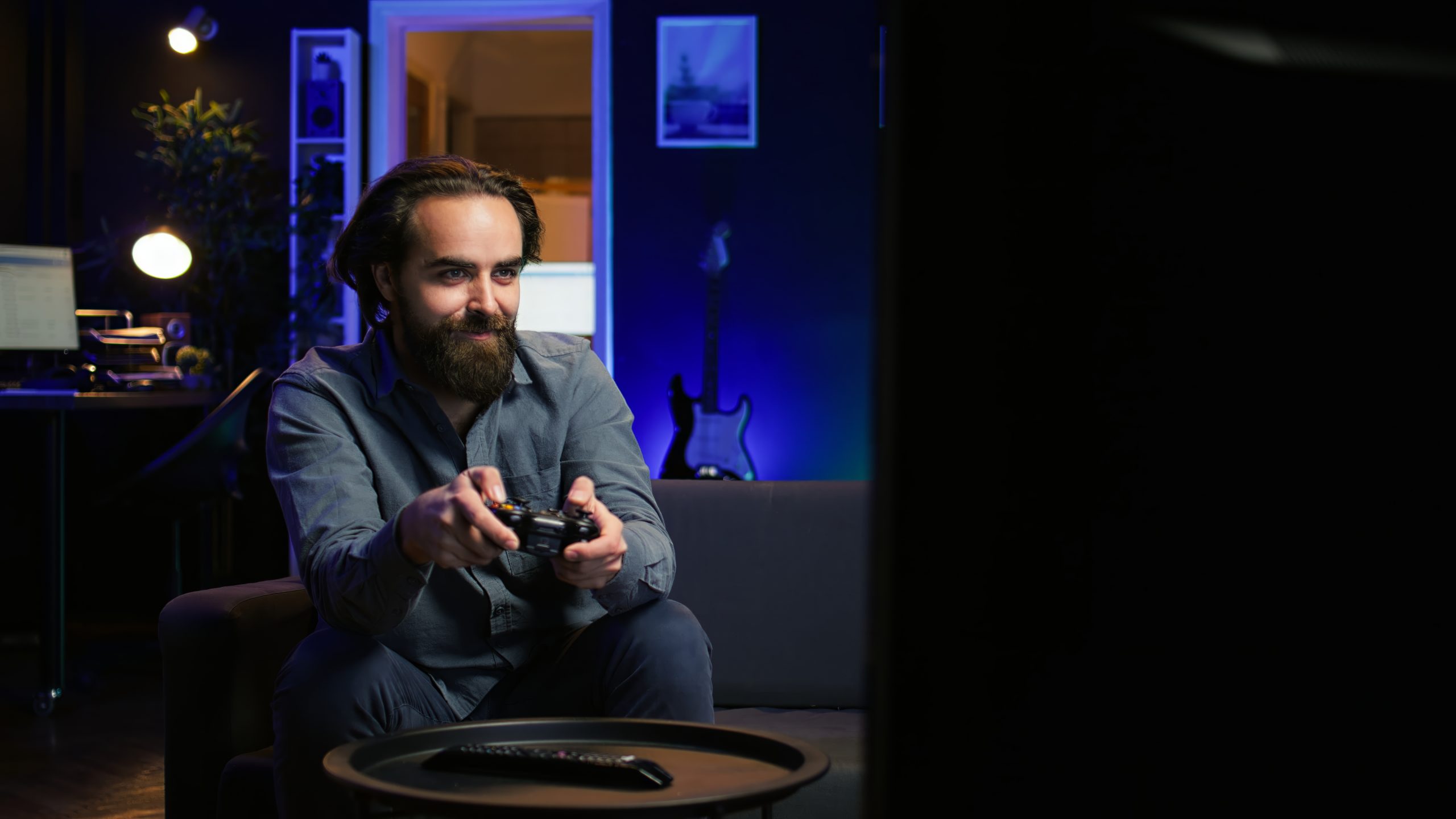 Happy person arriving home, excited to do gaming